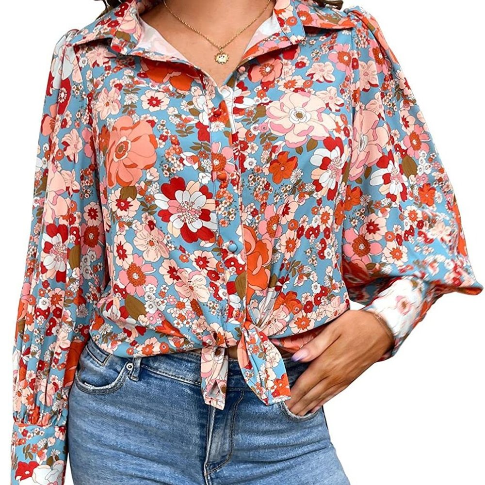 Women Summer Vacation Shirts Puff Long Sleeve Button Floral Loose Chiffon Tops